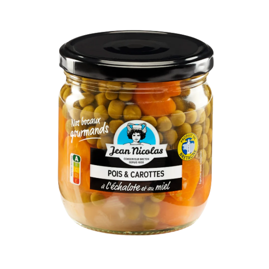 Petits pois doux et carottes en rondelles avec des échalotes et du miel - 250g