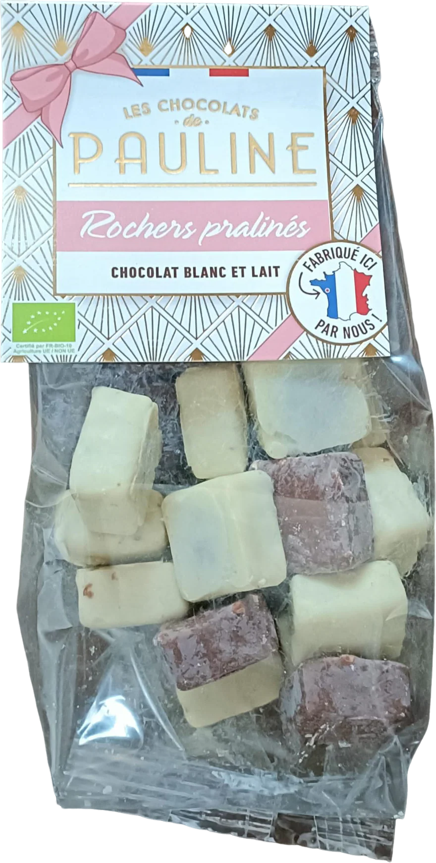 Rochers praliné noisettes enrobés de chocolat blanc et lait bio - 150g - Image 3