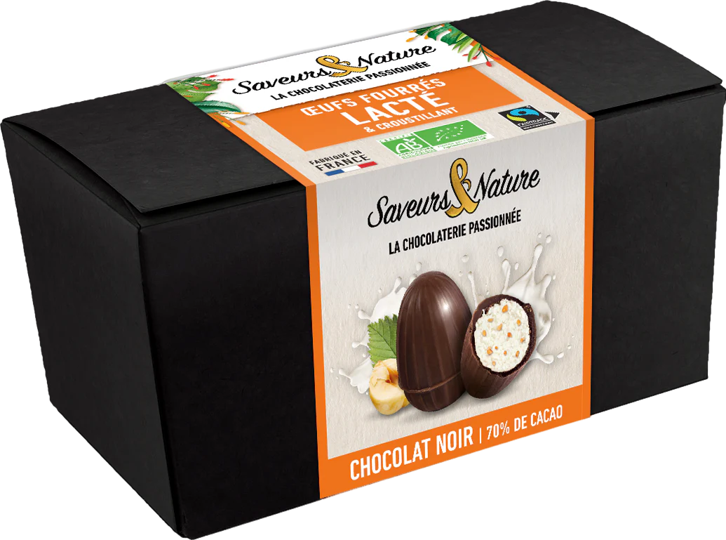 Petits œufs au chocolat noir fourrés au lait croustillant bio – 160 g - Image 2