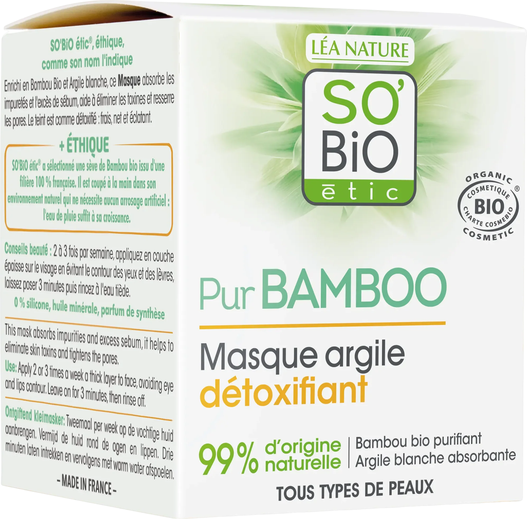 Masque visage détoxifiant à l'argile Pur Bamboo bio - 50ml