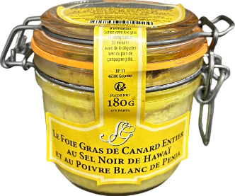 Foie gras de canard entier au sel noir de Hawaï et au poivre blanc de Penja - 180g